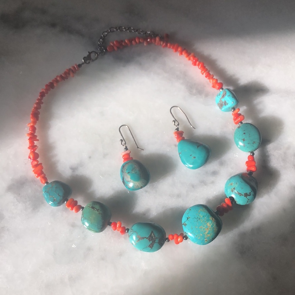 Genuine Turquoise and Coral Necklace Earring set
